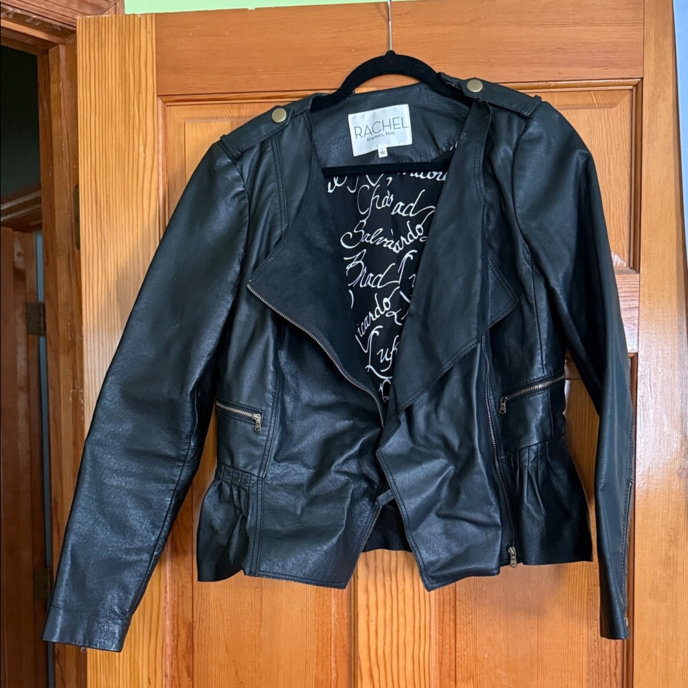 RACHEL Rachel Roy Black Leather Jacket with Gold Zippers